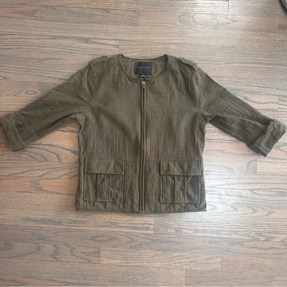 Sanctuary Jackets & Blazers - Sanctuary Utility Jacket Olive Green Full Zip Cotton Seersucker Collarless Med